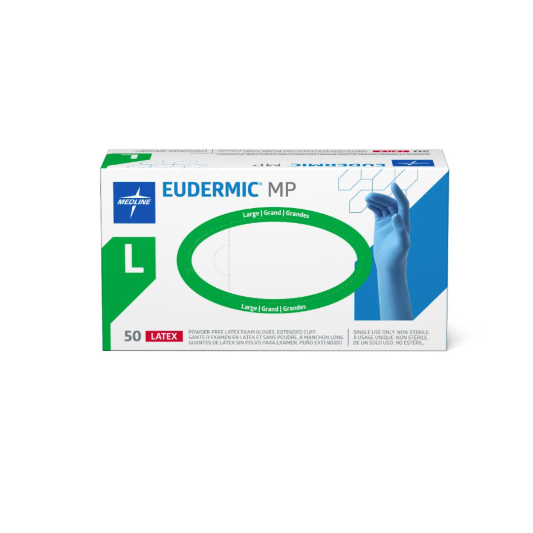 Box of Medline Eudermic MP High-Risk Powder-Free Latex Exam Gloves, size large. Contains 50 gloves. Packaging features a blue-gloved hand, green accents, and product info in multiple languages.